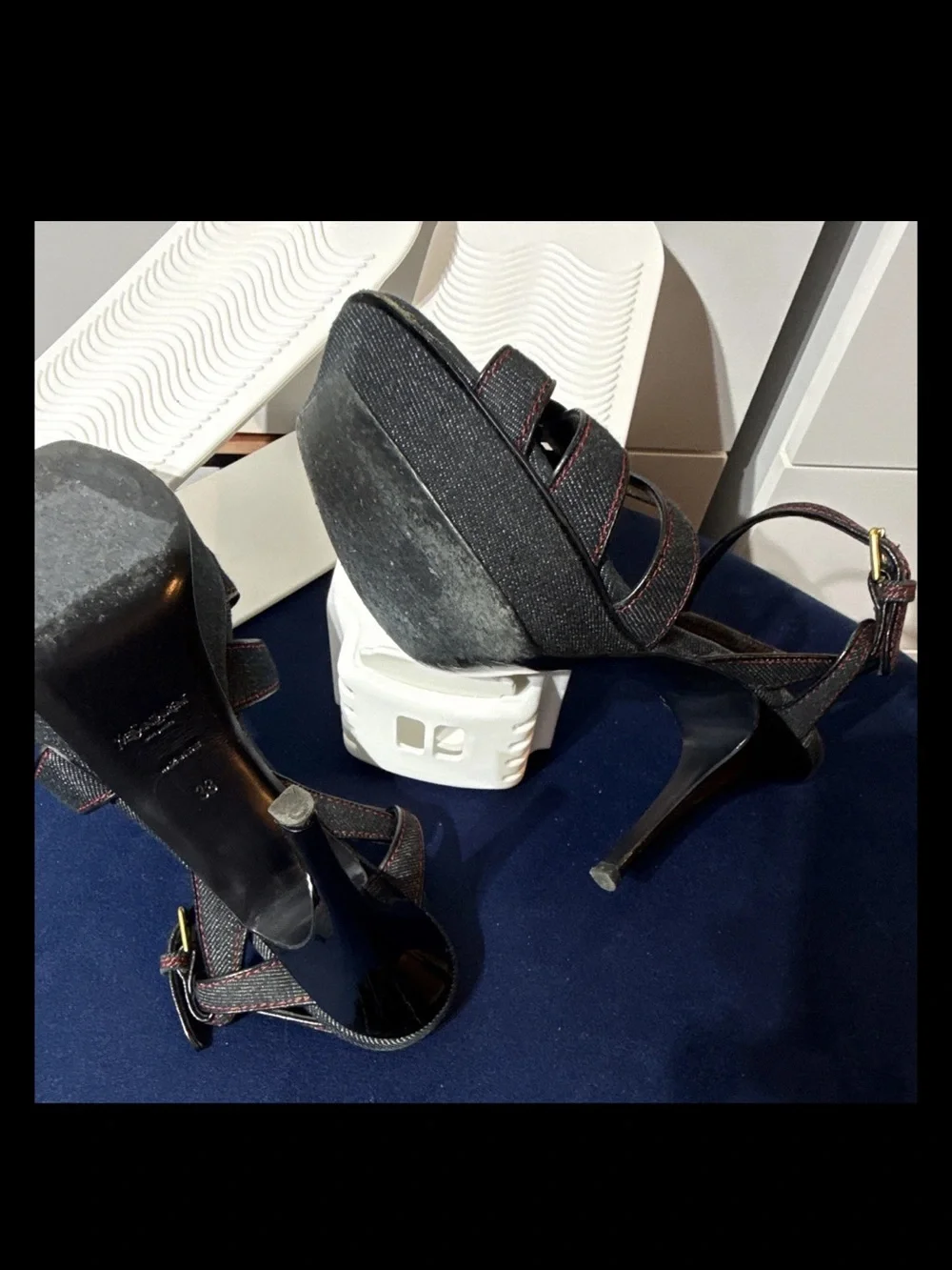 Saint Laurent Tribute Black Denim Ankle-Strap Platform Sandals